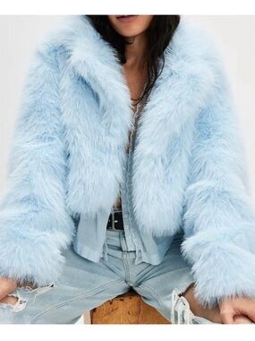 FREE PEOPLE Paris Cropped Faux Fur Coat in Ice Blue